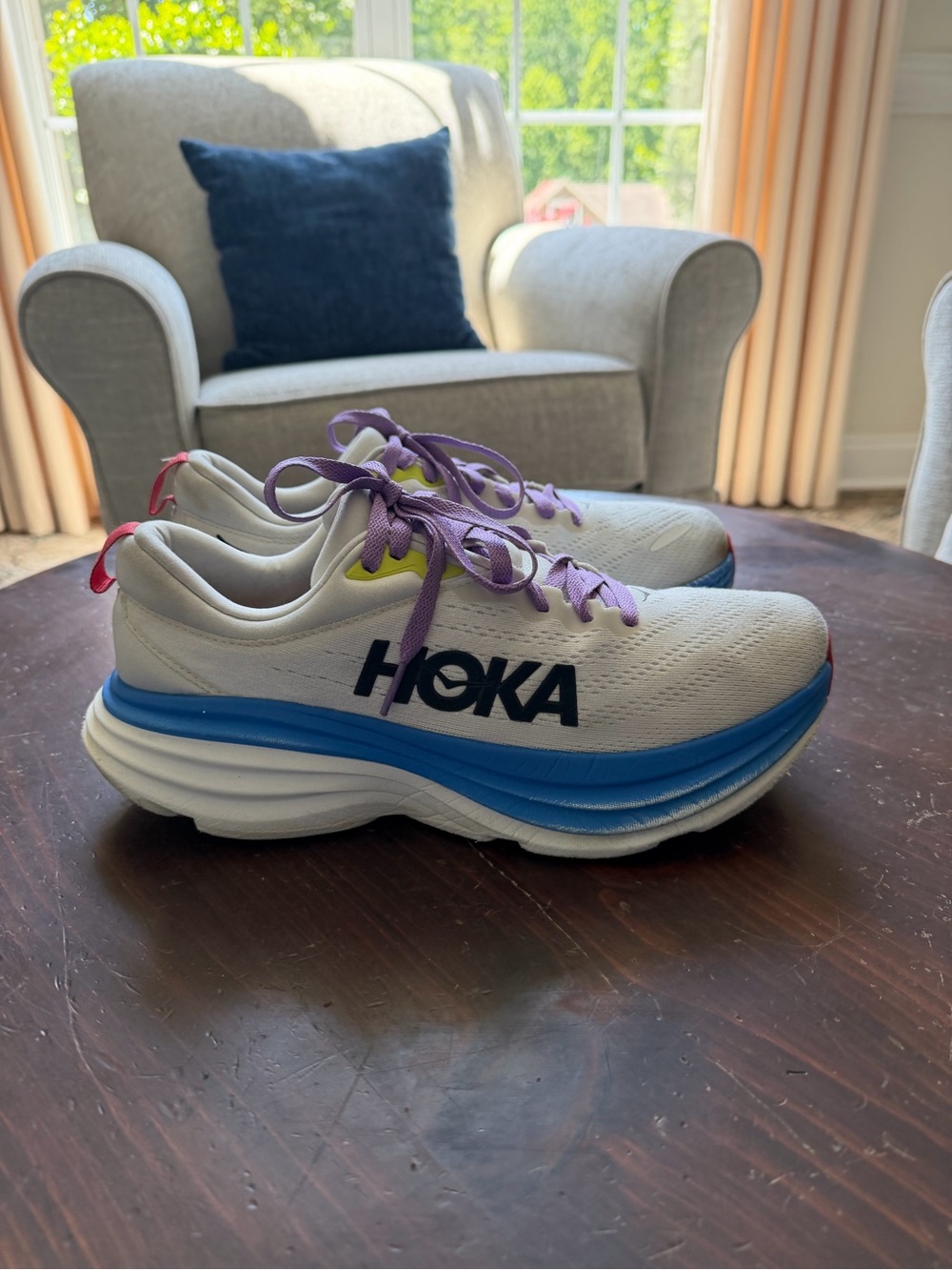 Men’s HOKA Bondi 8 Running Shoes White Blue Purple Size 10.5D Athletic Sneakers